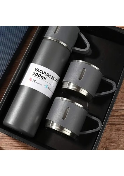 Paslanmaz Çelik 3 Bardaklı Vakumlu Taraftar Termos Set Çelik 0,50 L Yeşil