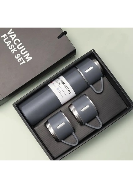 Paslanmaz Çelik 3 Bardaklı Vakumlu Taraftar Termos Set Çelik 0,50 L Yeşil