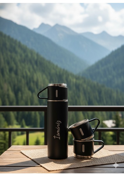 A+ Kalite Çelik Termos 500ML 3 Bardaklı Set Kahve Termosu Sıcak Tutan Termos Çanta Hediye