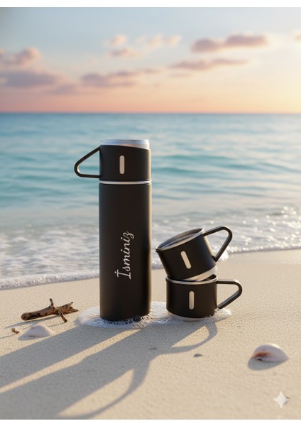 Bardaklı Termos 500ML Premium Paslanmaz Çelik 3 Bardaklı Kahve Termosu Seti Çanta Hediye