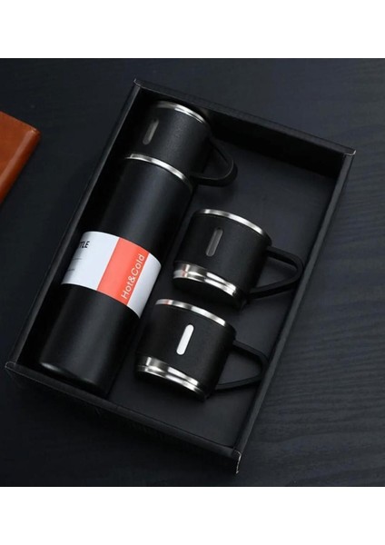 Paslanmaz Çelik Termos Bej Renk 3 Bardaklı Termos Seti Vakumlu Termos Set Çanta Hediyeli Içecek 500