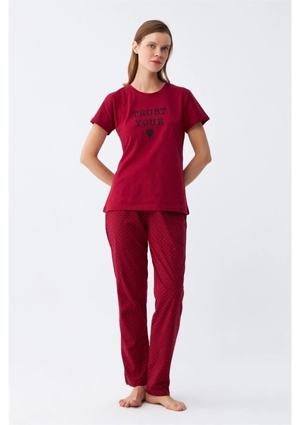 Kadın Bordo Kalp Desenli Kısa Kollu Penye Pijama Takımı