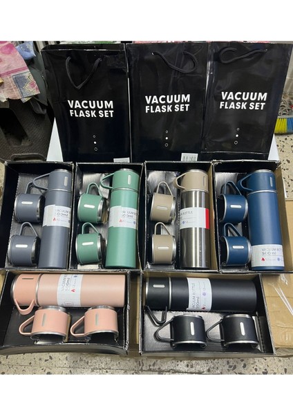 Termos Bardak 500ML 3 Bardaklı A+ Kalite Çelik Termos Kahve Çay Termosu Hediye Çantalı