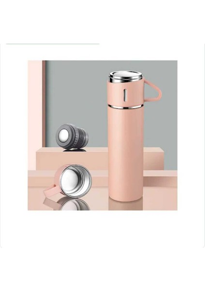 Paslanmaz Çelik Termos 3 Bardaklı Termos Seti Özel Kutulu Vakumlu Termos Set Çok Renkli Gri Çelik