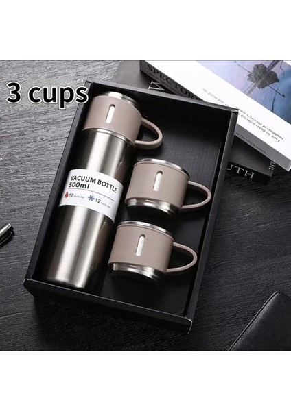 Paslanmaz Çelik 3 Bardaklı Vakumlu Termos Seti 12 Saate Kadar Isı Koruma Kamp Piknik Içecek 500 ml P