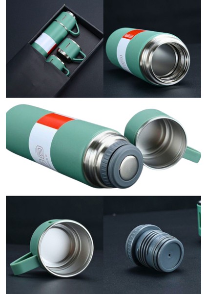 Paslanmaz Çelik Termos 4 Renk Seçeneği 3 Bardaklı Termos Seti Vakumlu Termos Set Çanta Hediyeli 350-