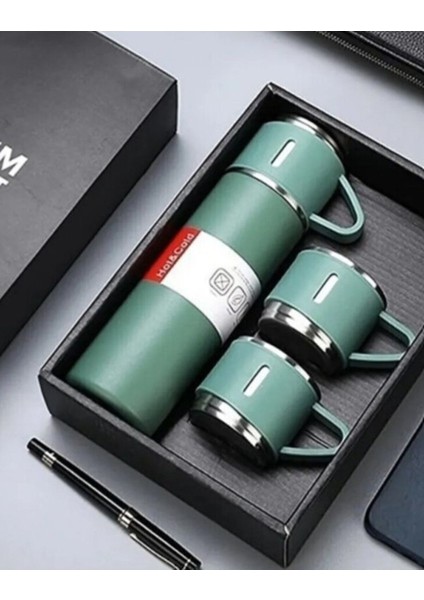 Siyah Termos Seti 3 Bardaklı Isı Geçirmez 500 ml Metal Siyah