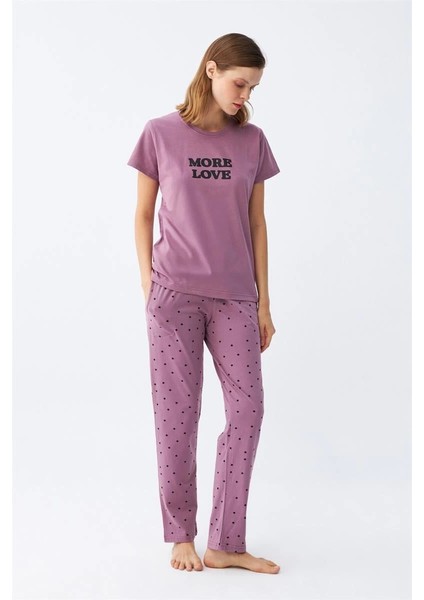 Kadın Mor Yıldız Desenli Penye Kısa Kol Pijama Takımı