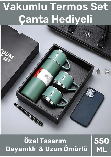 Özel Üretim Paslanmaz Çelik 3 Bardaklı Soğuk Sıcak Termos Vakumlu Termos Set Çanta Hediyeli 550 ml >