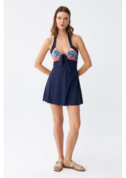 Kadın Tropikal Desenli Fiyonklu Lacivert Elbise Mayo modelleri