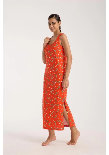 Kadın Kalın Askılı Yırtmaçlı Uzun Turuncu Gecelik