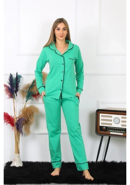 Kadın Pamuk Penye Önden Düğmeli Uzun Kol Yeşil Pijama Takım