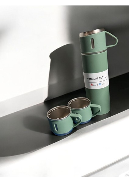 Vacuum Termos Paslanmaz Çelik 500 ml Sıcak-Soğuk Termos Seti 3 Bardaklı Içecek 500 ml Paslanmaz Çel