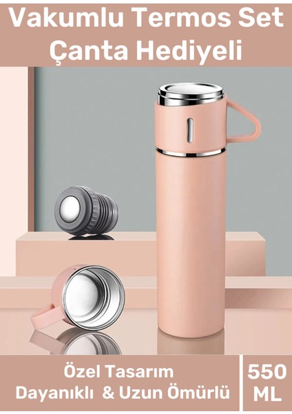 Özel Üretim Paslanmaz Çelik 3 Bardaklı Soğuk Sıcak Termos Vakumlu Termos Set Çanta Hediyeli 550 ml >