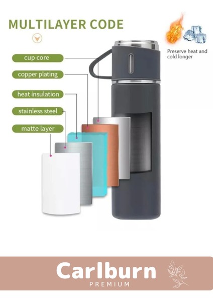 Özel Üretim Paslanmaz Çelik 3 Bardaklı Soğuk Sıcak Termos Vakumlu Termos Set Çanta Hediyeli 550 ml >