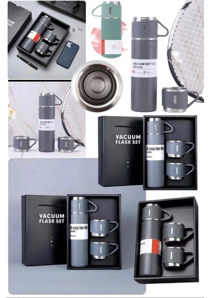 Paslanmaz Çelik 500ML 3 Bardaklı Termos Taşınabilir Çift Katman Yalıtımlı Vakumlu Seyehat Tipi Sıcak