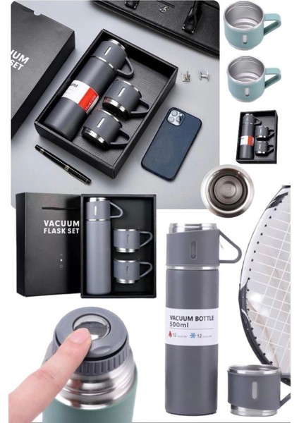 Paslanmaz Çelik 500ML 3 Bardaklı Termos Taşınabilir Çift Katman Yalıtımlı Vakumlu Seyehat Tipi Sıcak modelleri