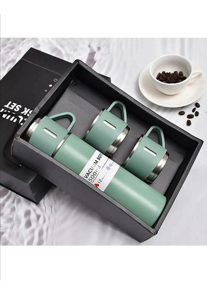 Paslanmaz Çelik Termos Renk 3 Bardaklı Termos Seti Vakumlu Termos Set Çanta Hediyeli 500 ml Çelik Pe