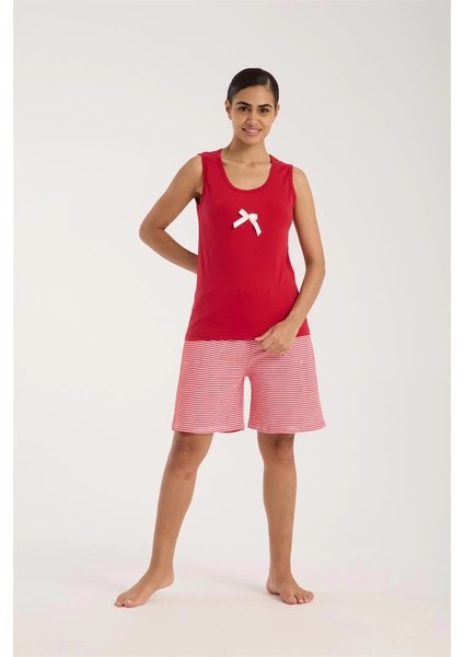 Kadın Kırmızı Kurdele Detaylı Çizgili Şortlu Pijama Takımı