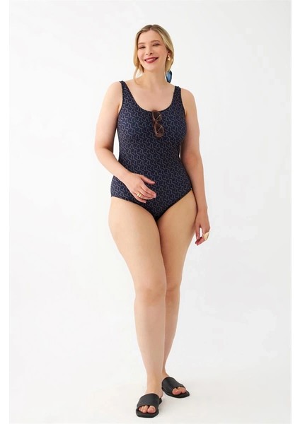 Kadın Lacivert Geometrik Desenli Büyük Beden Tek Parça Mayo