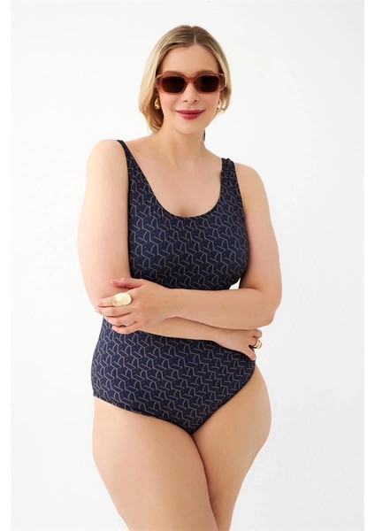 Kadın Lacivert Geometrik Desenli Büyük Beden Tek Parça Mayo fiyatları