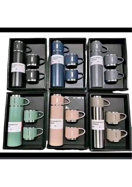 Paslanmaz Çelik Termos Vakumlu 3 Bardaklı Set Termos Içecek 500 L Paslanmaz Çelik Bej 12 Saat