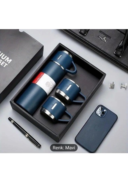 Hediyelik 3 Bardaklı Çelik Termos Seti 500 Ml. Vacuum Flask Set Karton Çantalı - Pembe Içecek 500 ml
