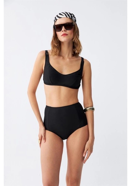 Kadın Siyah Pedli Kare Yaka Yüksek Bel Bikini Takımı modelleri