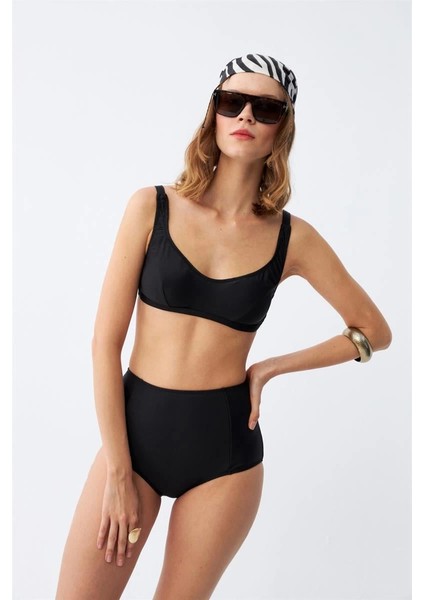 Kadın Siyah Pedli Kare Yaka Yüksek Bel Bikini Takımı fırsatları