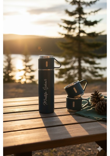 A+ Kalite Çelik Termos 500ML 3 Bardaklı Set Kahve Termosu Sıcak Tutan Termos Çantalı Hediye