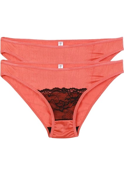 Kadın Mercan Rengi Dantel Detaylı 2'li Slip