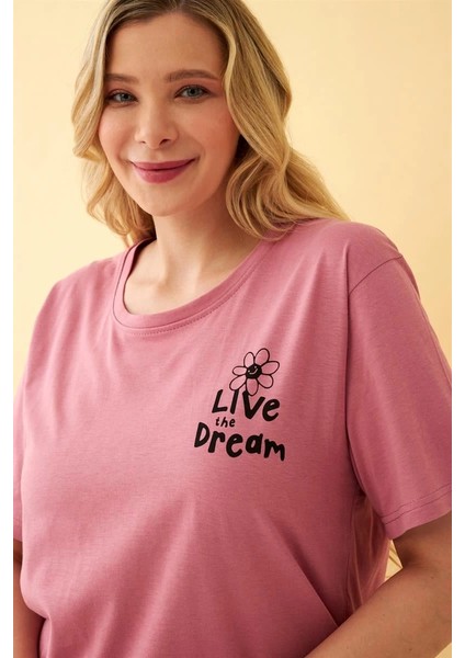Kadın Somon “live The Dream” Yazılı Büyük Beden Kapri Pijama Takımı modelleri