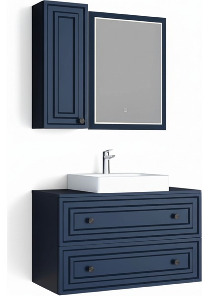 Perge 100 cm Lavabo Dolabı Mat Safir Blue LED Ayna ve Ayna Yan Dolap Seti