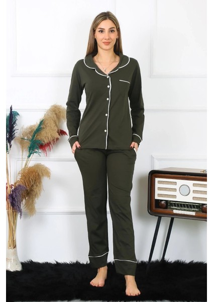 Kadın Pamuk Penye Önden Düğmeli Uzun Kol Haki Pijama Takım modelleri