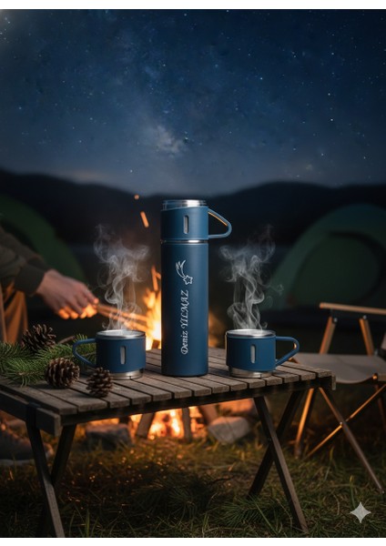 Premium 3 Bardaklı Çelik Termos Set 500ML Paslanmaz Çelik Kahve Termosu Hediye Çantalı