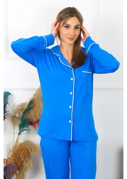 Kadın Pamuk Penye Önden Düğmeli Uzun Kol Saks Pijama Takım