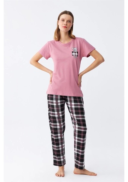 Kadın Somon Ayıcık Baskılı Ekoseli Penye Pijama Takımı modelleri