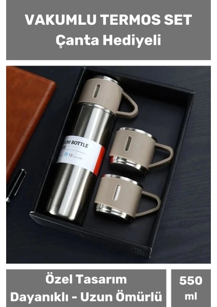 Kahve Termosu 500ML 3 Bardaklı Premium Paslanmaz Çelik Sıcak Tutan Termos Çantalı Hediye