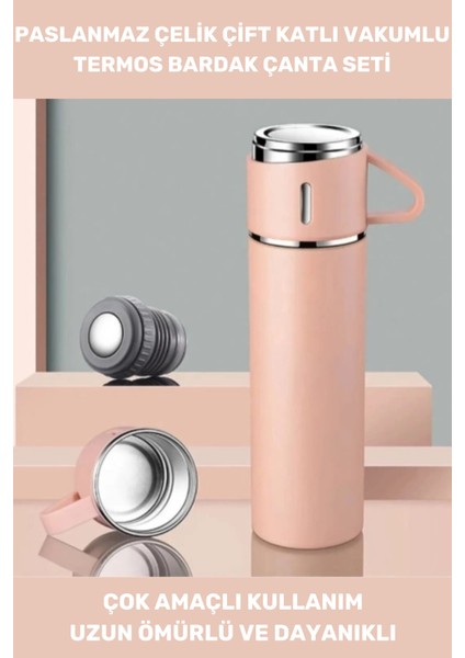 Özel Üretim Paslanmaz Çift Kat Çelik 3 Bardaklı Vakumlu Soğuk Sıcak Çanta Hediyeli Termos Set 550 ml