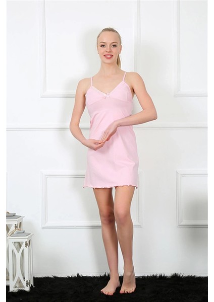 Kadın Ip Askılı Pembe Penye Gecelik