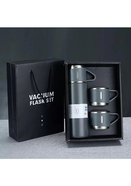 3 Bardaklı Termos Set 500ML A+ Kalite Çelik Termos Kahve Çay Termosu Çantalı Hediye