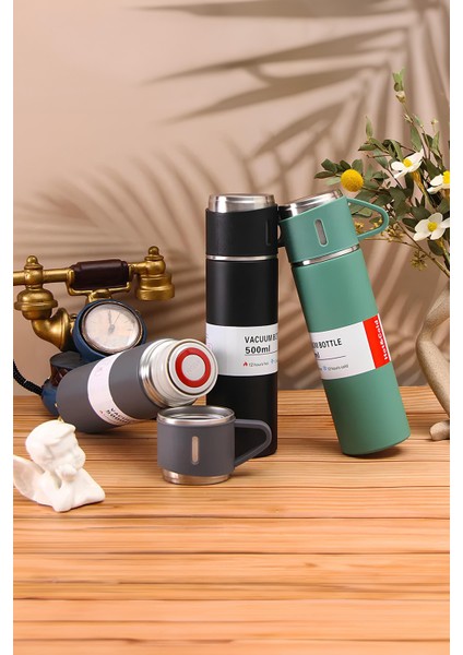 Çelik 3 Bardaklı Termos Fincan Seti Vakumlu Kamp Seti 12 Saat Sıcak 12 Saat Soğuk Kalabilen Termos I