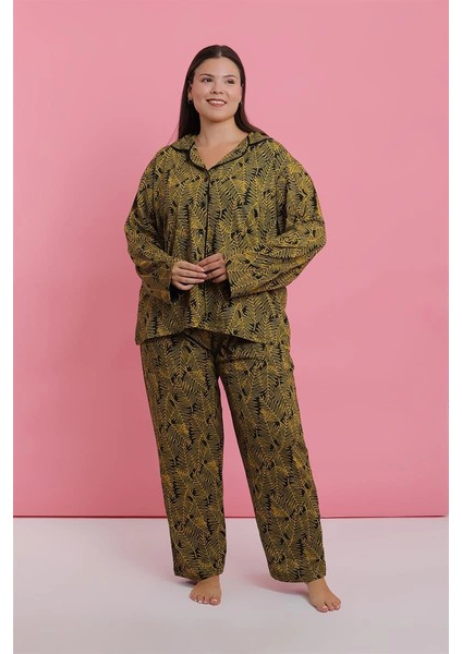 Kadın Büyük Beden Tropikal Yaprak Desenli Düğmeli Pijama Takımı fiyatları