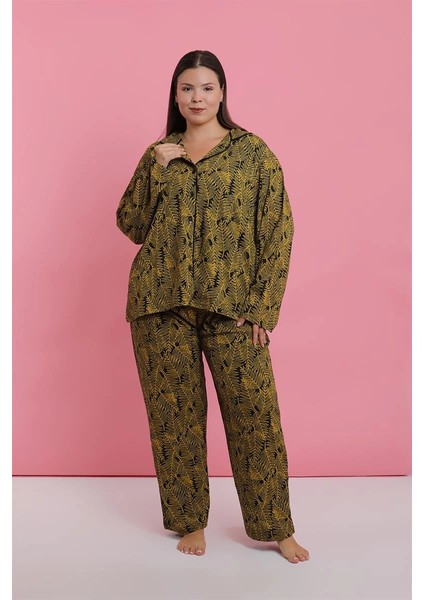 Kadın Büyük Beden Tropikal Yaprak Desenli Düğmeli Pijama Takımı fırsatları