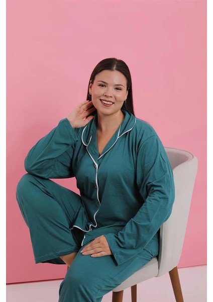 Kadın Büyük Beden Petrol Rengi Düğmeli Pijama Takımı fiyatları