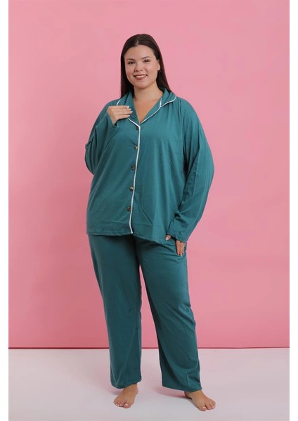 Kadın Büyük Beden Petrol Rengi Düğmeli Pijama Takımı modelleri