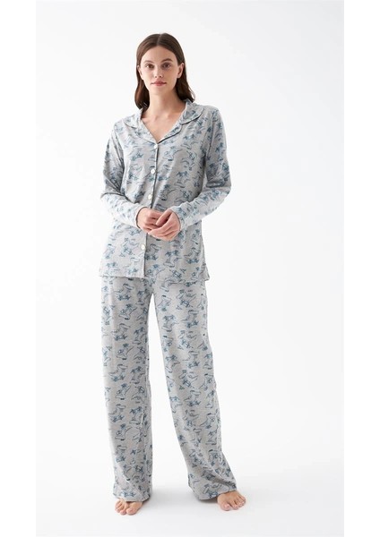 Kadın Gri Desenli Düğmeli Pamuklu Pijama Takımı