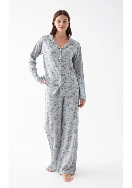 Kadın Gri Desenli Düğmeli Pamuklu Pijama Takımı fiyatları