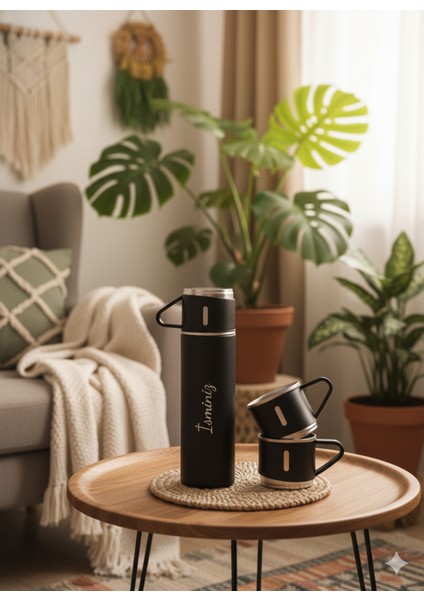 A+ Kalite 3 Bardaklı Çelik Termos 500ML Sıcak Tutan Kahve Çay Termosu Çanta Hediye