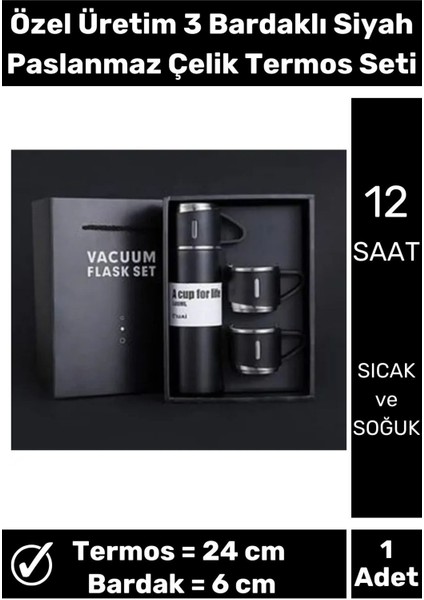 Paslanmaz Çelik 3 Bardaklı Vakumlu Termos Set 500 Ml, 12 Saate Kadar Isı Koruma Termos Içecek 500 ml